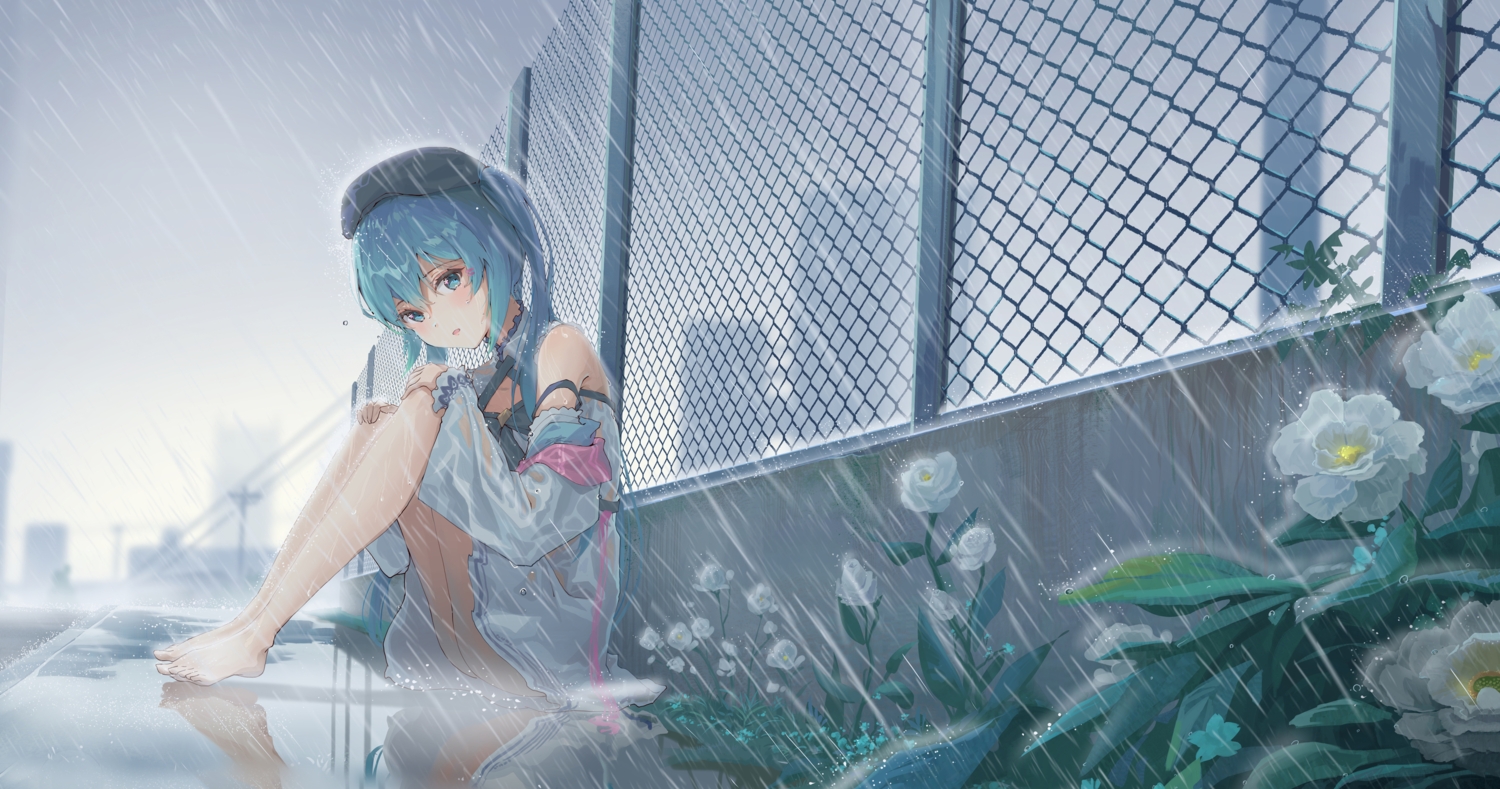 aqua_eyes, aqua_hair, barefoot, building, city, dress, flowers, hatsune_miku, rain, reflection, see_through, sky, vocaloid, water, wet, zhongchun_ci