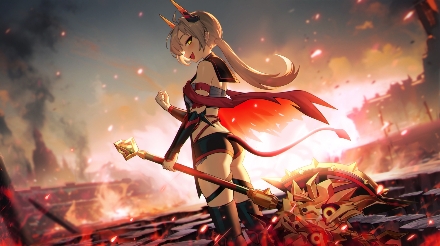 95_(jiuwujiang), apocalypse_ravi_(epic7), ass, blush, cape, clouds, epic7, fang, fire, gray_hair, horns, long_hair, ponytail, sarashi, shorts, sky, sunset, tail, underwear, weapon, wristwear, yellow_eyes