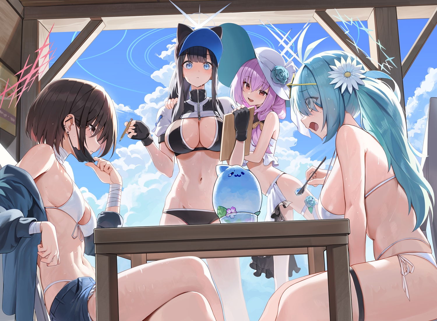 animal_ears, aqua_eyes, aqua_hair, bandage, bikini, black_hair, blue_archive, blue_eyes, blush, breasts, brown_hair, cleavage, clouds, food, garter, gloves, group, hakari_atsuko, halo, hat, hug, hutosutoro, imashino_misaki, joumae_saori, long_hair, mask, navel, ponytail, purple_hair, red_eyes, short_hair, shorts, sky, swimsuit, tsuchinaga_hiyori, wristwear