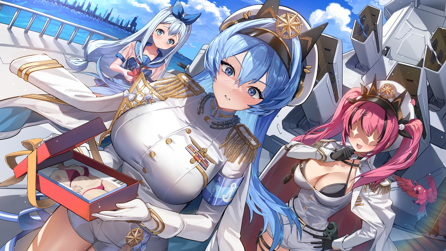 anchor_(nikke), animal, aqua_eyes, bikini_top, bird, blue_eyes, blue_hair, blush
