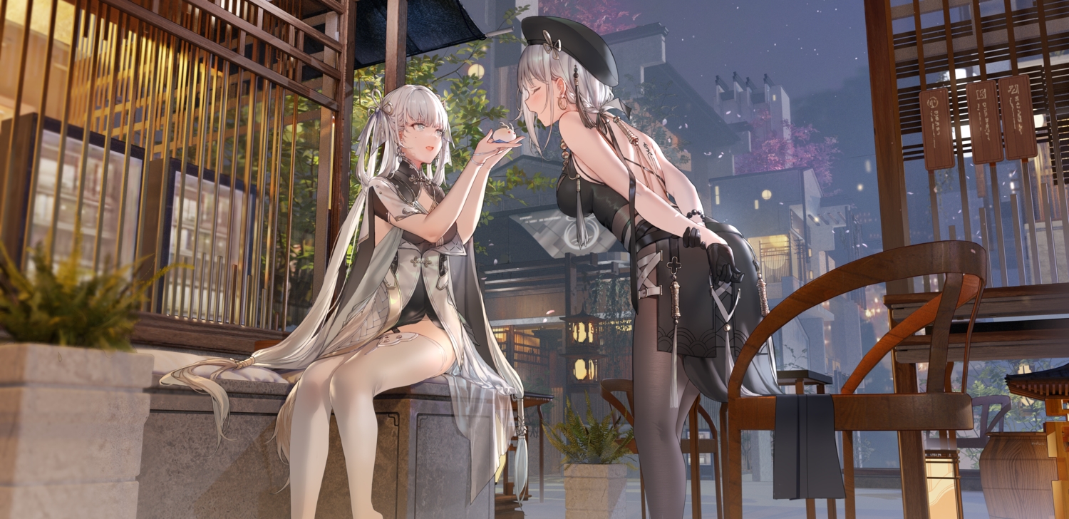 2girls, 3d, blush, building, chinese_clothes, city, dress, food