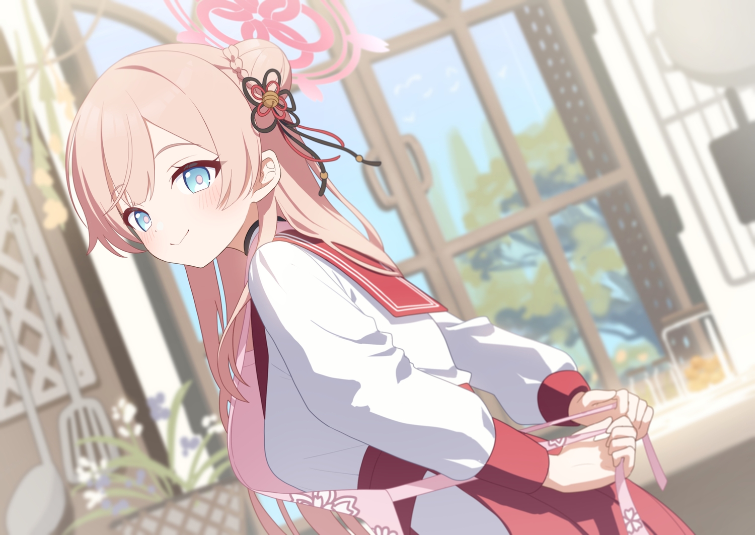 apron, blue_archive, blue_eyes, blush, kaerunrun, long_hair, mizuha_mimori, pink_hair