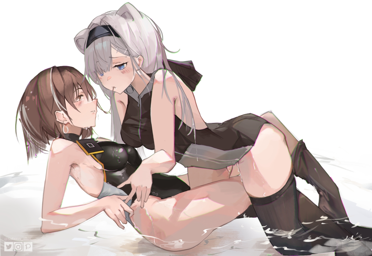 2girls, animal_ears, arknights, aurora_(arknights), blue_eyes, blush, brown_eyes, brown_hair, cmdr_saturn, gray_hair, headband, hood, leotard, long_hair, magallan_(arknights), shorts, thighhighs, water, watermark, yuri