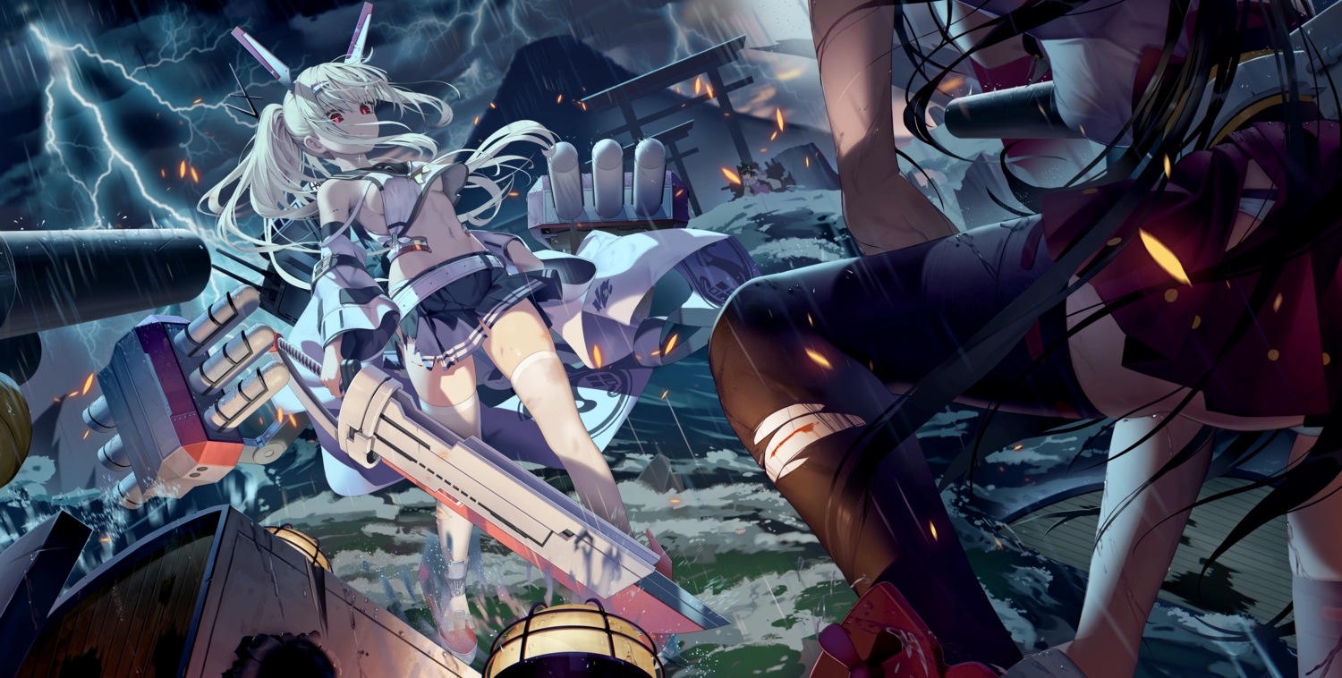 aliasing, animal_ears, anthropomorphism, ass, ayanami_(azur_lane), azur_lane, blood, breasts, clouds, dalian_(artist), foxgirl, japanese_clothes, long_hair, mechagirl, mutsu_(azur_lane), nagato_(azur_lane), navel, no_bra, panties, ponytail, rain, red_eyes, school_uniform, sideboob, skirt, sky, sword, thighhighs, torii, torn_clothes, underboob, underwear, water, weapon, white_hair, zettai_ryouiki