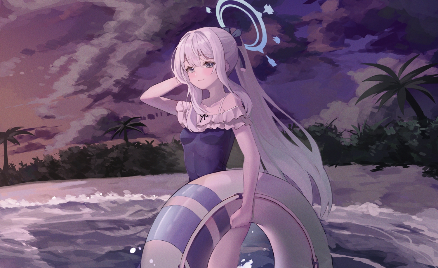 beach, blue_archive, bow, clouds, gray_eyes, halo, long_hair, naseul_777, ponytail, sky, sunset, swim_ring, swimsuit, tree, tsukiyuki_miyako, water, white_hair