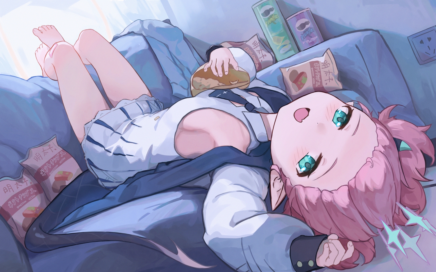 aqua_eyes, bandaid, barefoot, blue_archive, blush, breasts, couch, dress