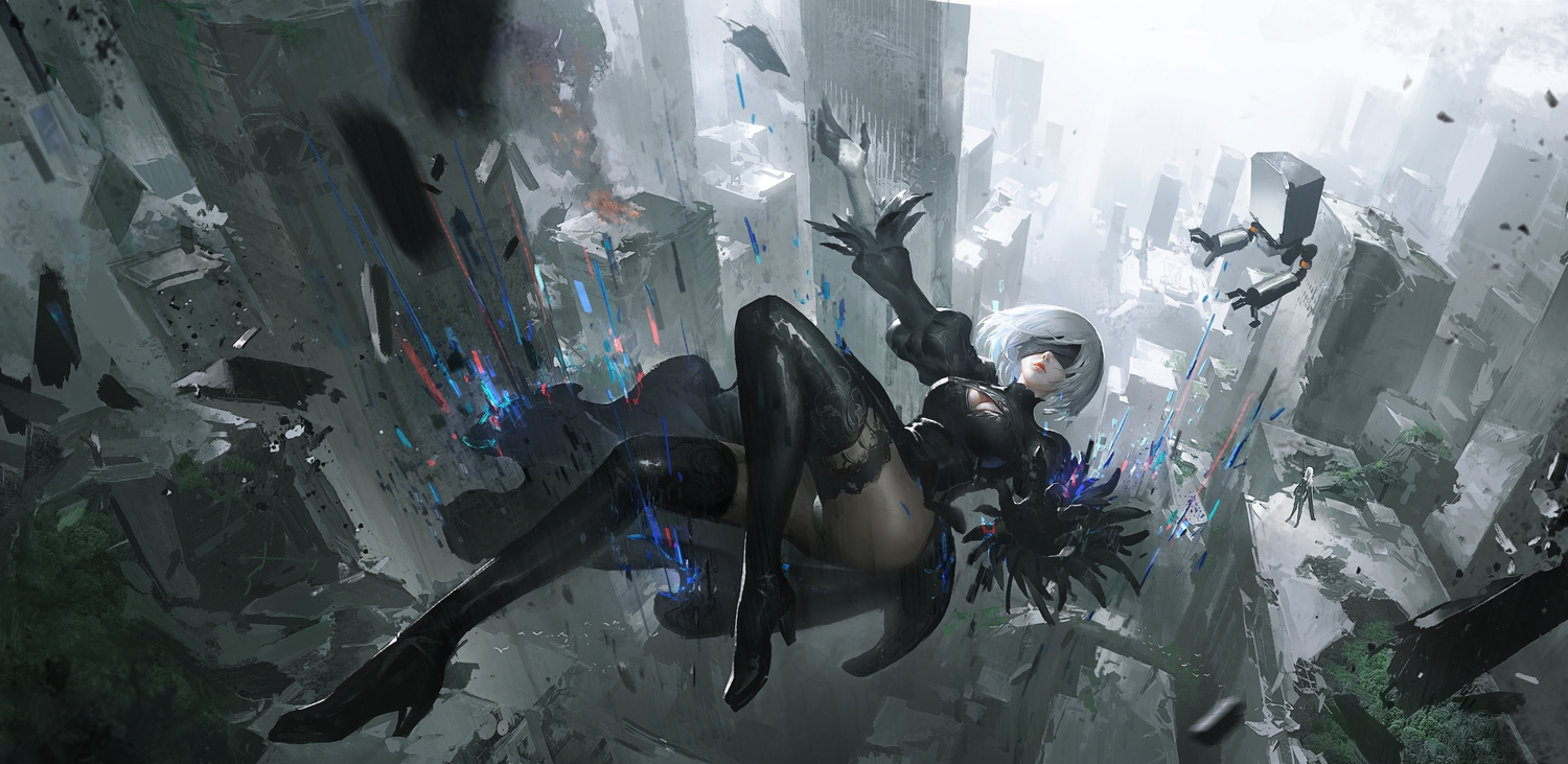 blindfold, boots, breasts, building, city, cleavage, dress, elbow_gloves, fire, gloves, leo-dont-want-to-be-a-painter, leotard, nier, nier:_automata, pantyhose, pod_(nier:_automata), robot, ruins, short_hair, thighhighs, white_hair, yorha_unit_no._2_type_b
