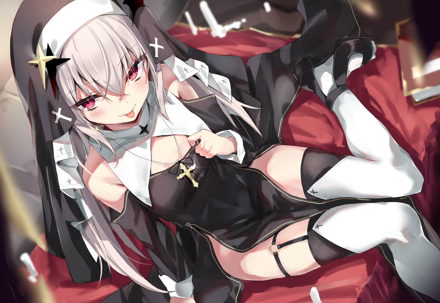 blush, book, cross, fang, garter, gray_hair, headdress, long_hair