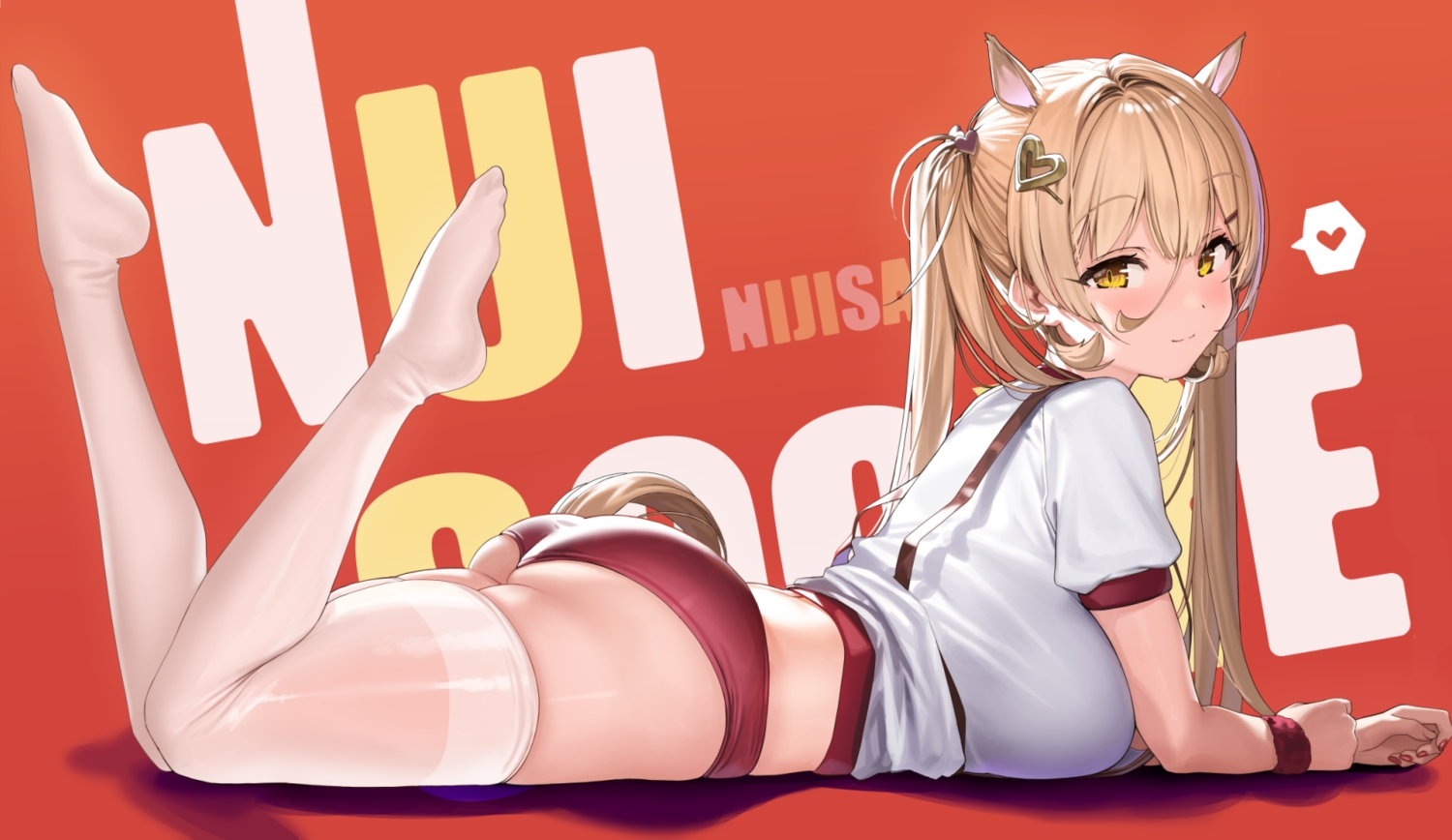 animal_ears, ass, blonde_hair, bloomers, breasts, gym_uniform, heart, kanzarin_(hoochikiss), long_hair, nijisanji, nui_sociere, red, thighhighs, twintails, wristwear, yellow_eyes