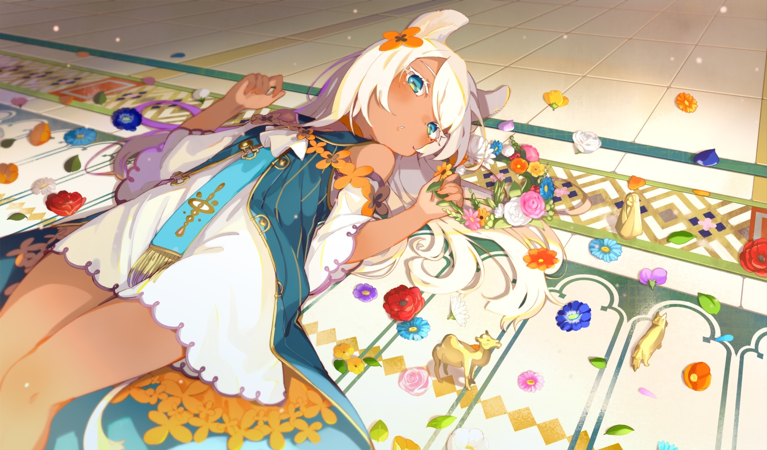 animal_ears, aqua_eyes, blush, choker, dark_skin, dress, flat_chest, flowers, long_hair, original, shiomachi, white_hair