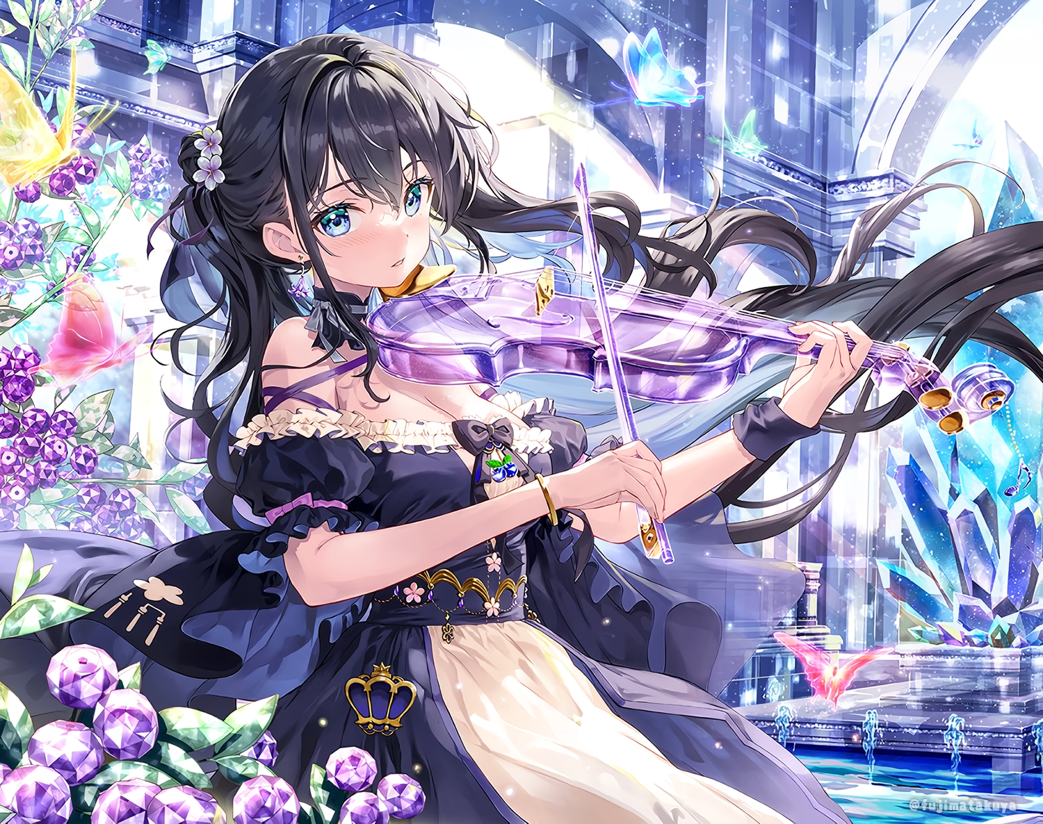 black_hair, blue_eyes, blush, bow, breasts, building, butterfly, choker, cleavage, dress, fujima_takuya, instrument, long_hair, original, ribbons, violin, waifu2x, water, watermark, wristwear