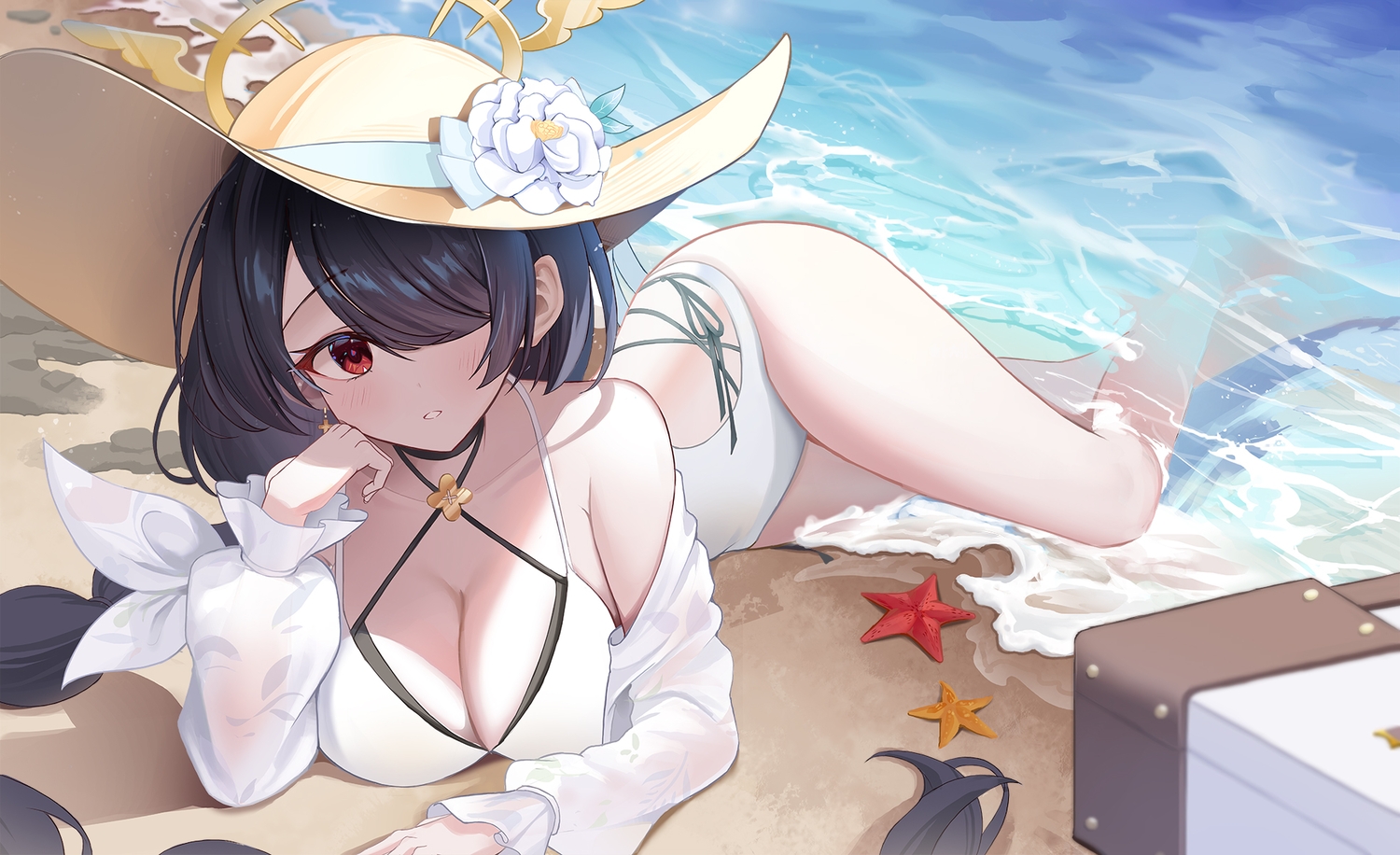 beach, black_hair, blanc_(blanc97), blue_archive, blush, breasts, choker, cleavage