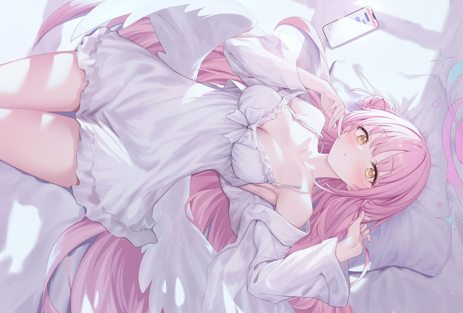 bed, blue_archive, blush, bow, breasts, cleavage, dress, halo