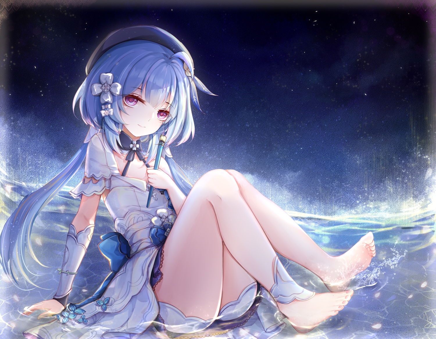 barefoot, blue_hair, dress, flat_chest, griseo, hat, honkai_impact, honkai_(series)