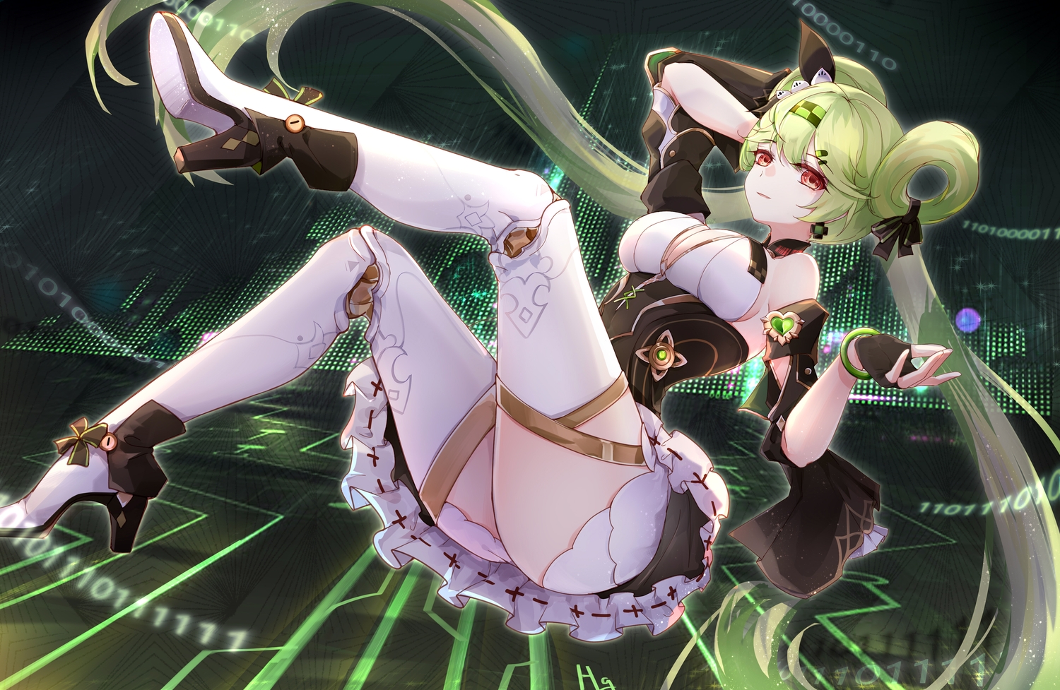 ai-chan_(honkai_impact), boots, breasts, cleavage, doll, dress, garter, gloves, green_hair, headband, honkai_impact, honkai_(series), long_hair, red_eyes, shorts, shuiyinzijun, thighhighs, twintails, wristwear