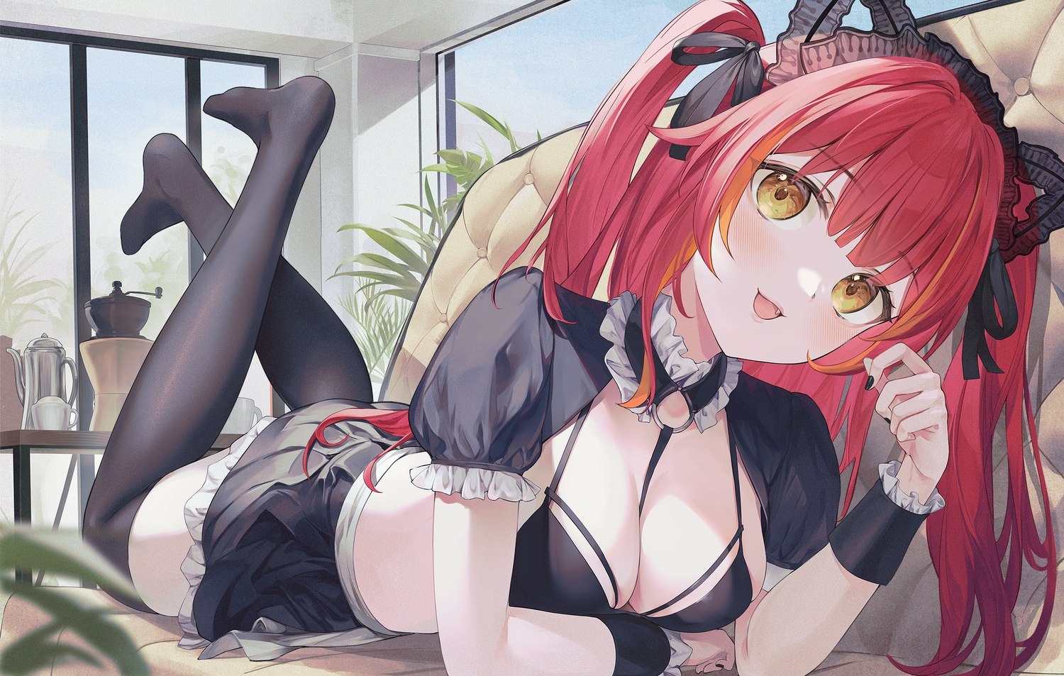animal_ears, bikini_top, blush, bow, breasts, cat_smile, choker, cleavage, couch, fang, goth-loli, headdress, lolita_fashion, long_hair, nakashima_(pluscolor), nekota_tsuna, red_hair, ribbons, skirt, thighhighs, twintails, vspo!, wristwear, yellow_eyes, zettai_ryouiki