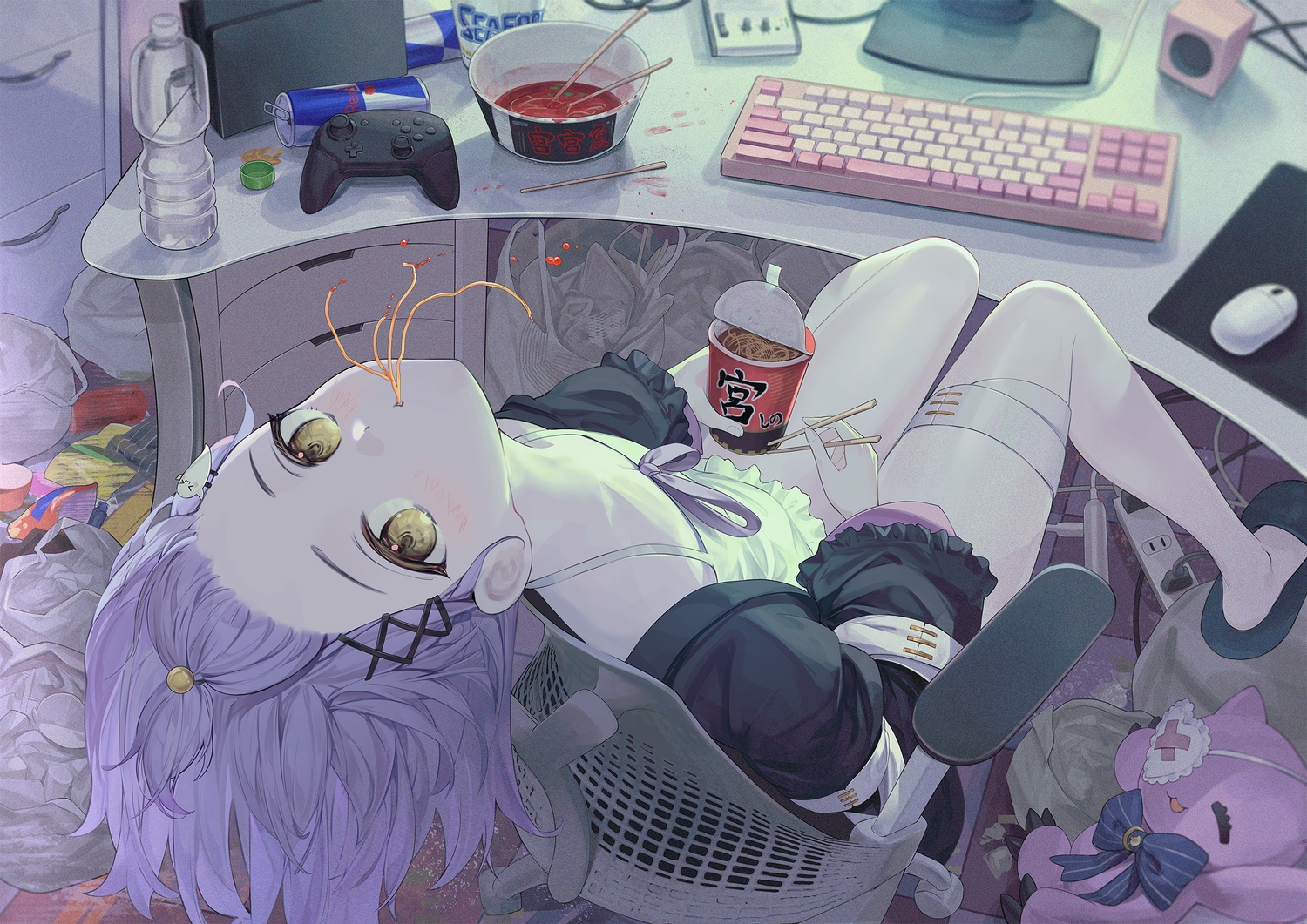 bandage, blush, bow, computer, drink, flat_chest, food, game_console, nakashima_(pluscolor), purple_hair, ribbons, shinomiya_runa, short_hair, vspo!, yellow_eyes
