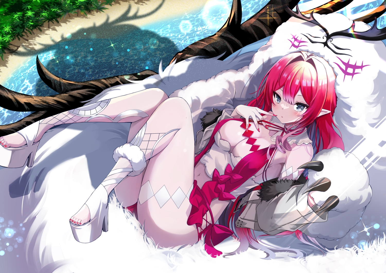 baobhan_sith_(fate), beach, blush, bow, breasts, cleavage, fate/grand_order, fate_(series)