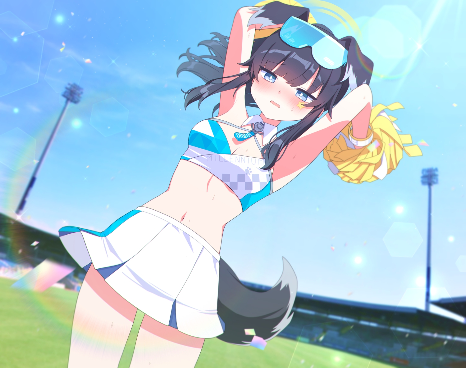 aamana0, animal_ears, black_hair, blue_archive, blue_eyes, blush, breasts, cheerleader