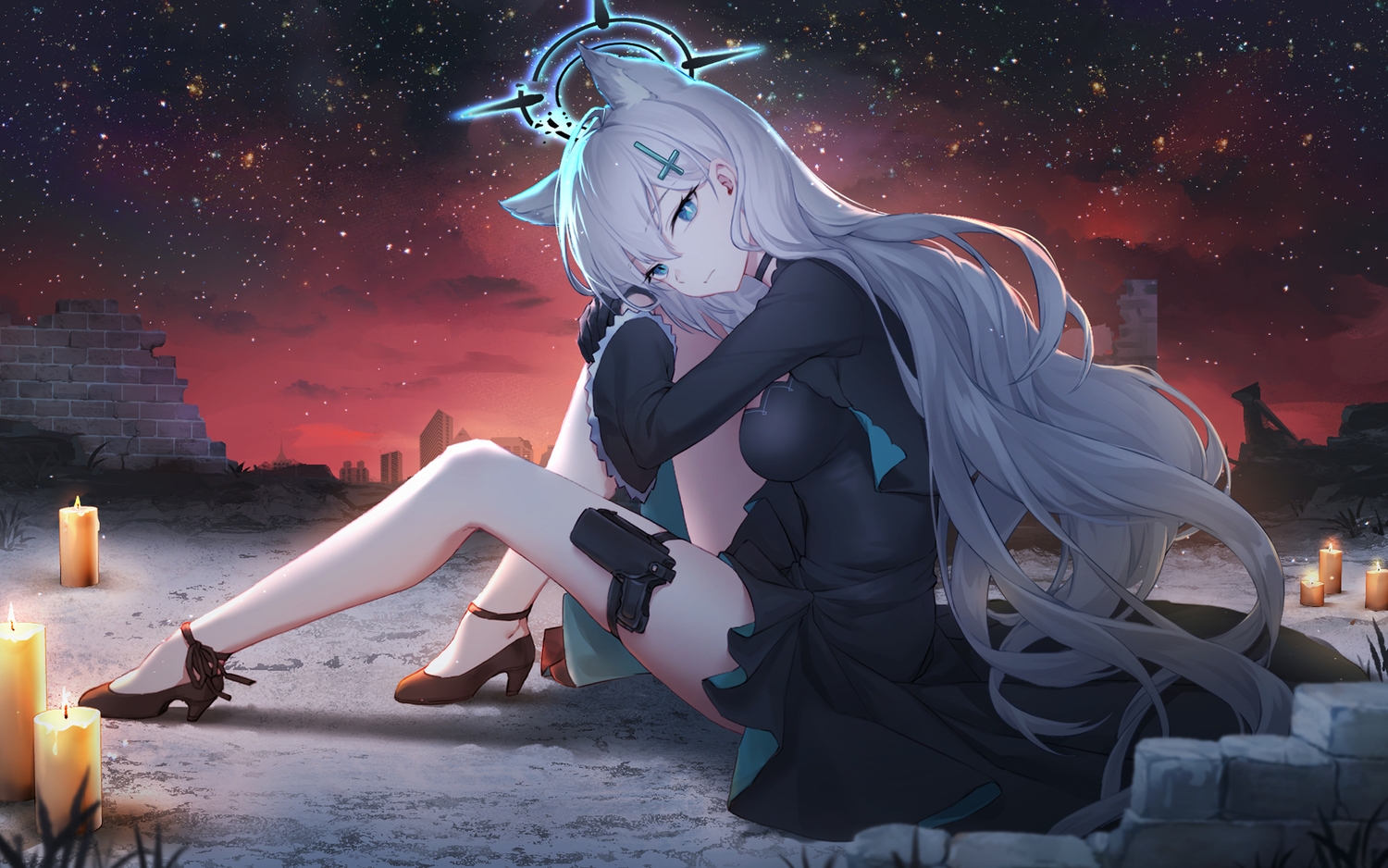 aesice, animal_ears, aqua_eyes, blue_archive, building, choker, city, clouds, dress, garter, gloves, grass, gray_hair, gun, halo, long_hair, ruins, shiroko_(terror)_(blue_archive), sky, stars, sunaookami_shiroko, sunset, weapon, wolfgirl