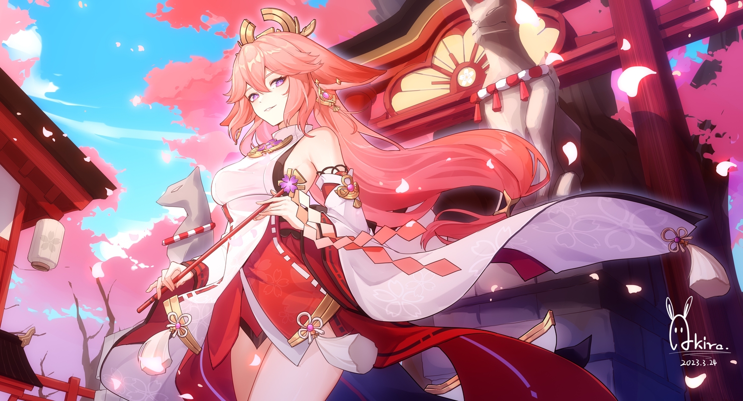 animal_ears, cherry_blossoms, chiyo_akira, flowers, foxgirl, genshin_impact, headdress, japanese_clothes