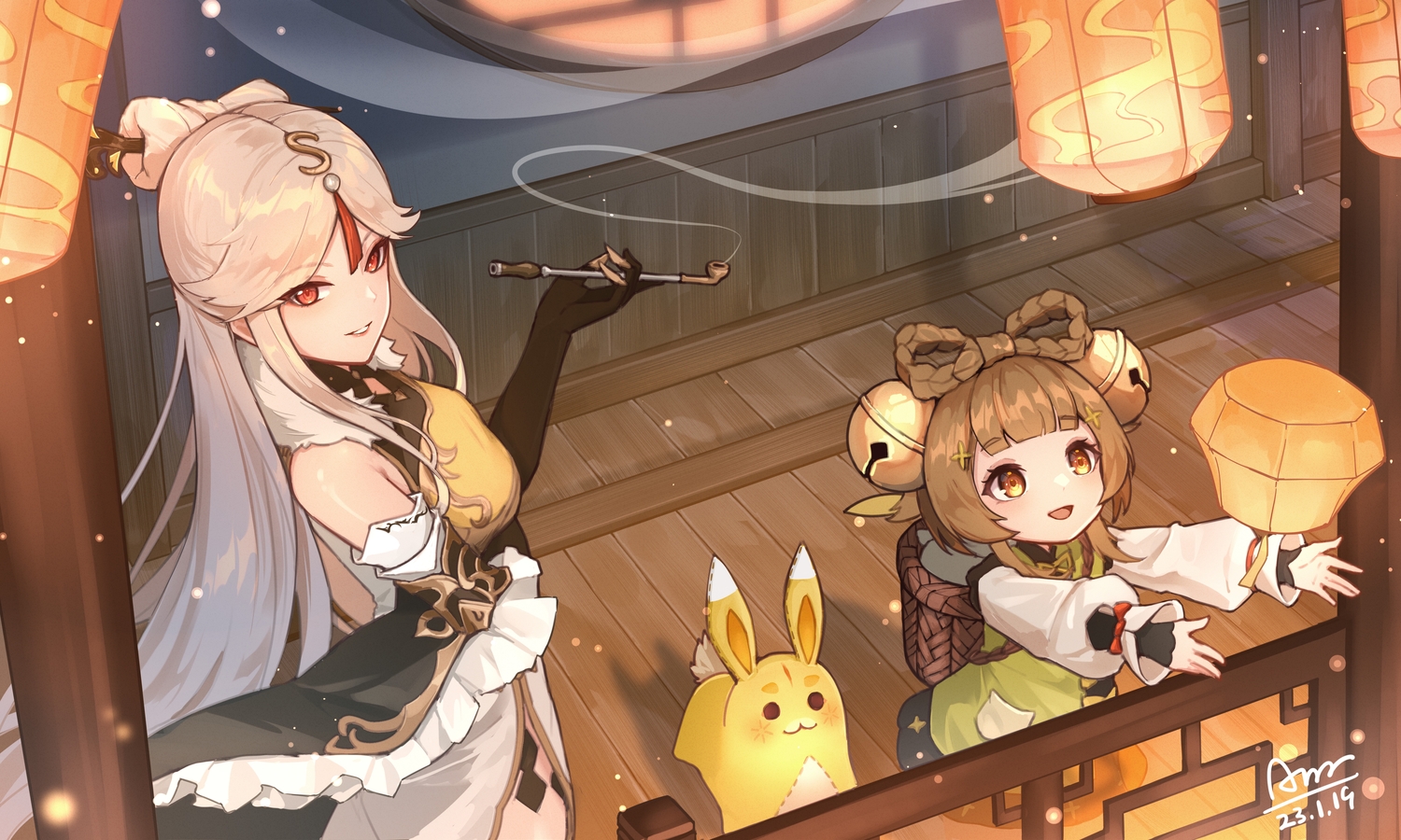 2girls, bell, blonde_hair, braids, brown_eyes, brown_hair, chiyo_akira, elbow_gloves