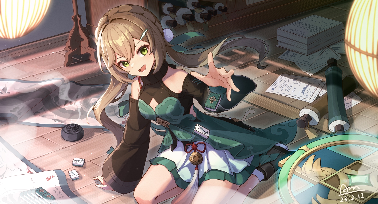 book, boots, braids, brown_hair, chinese_clothes, chiyo_akira, dress, green_eyes