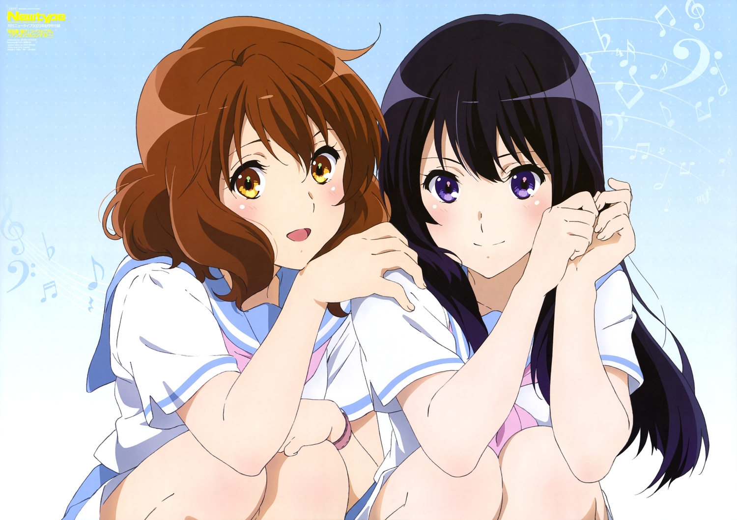 2girls, black_hair, brown_eyes, brown_hair, hibike!_euphonium, jpeg_artifacts, kousaka_reina, long_hair, music, nakada_urara, newtype, oumae_kumiko, purple_eyes, scan, school_uniform, short_hair, skirt, watermark, wristwear