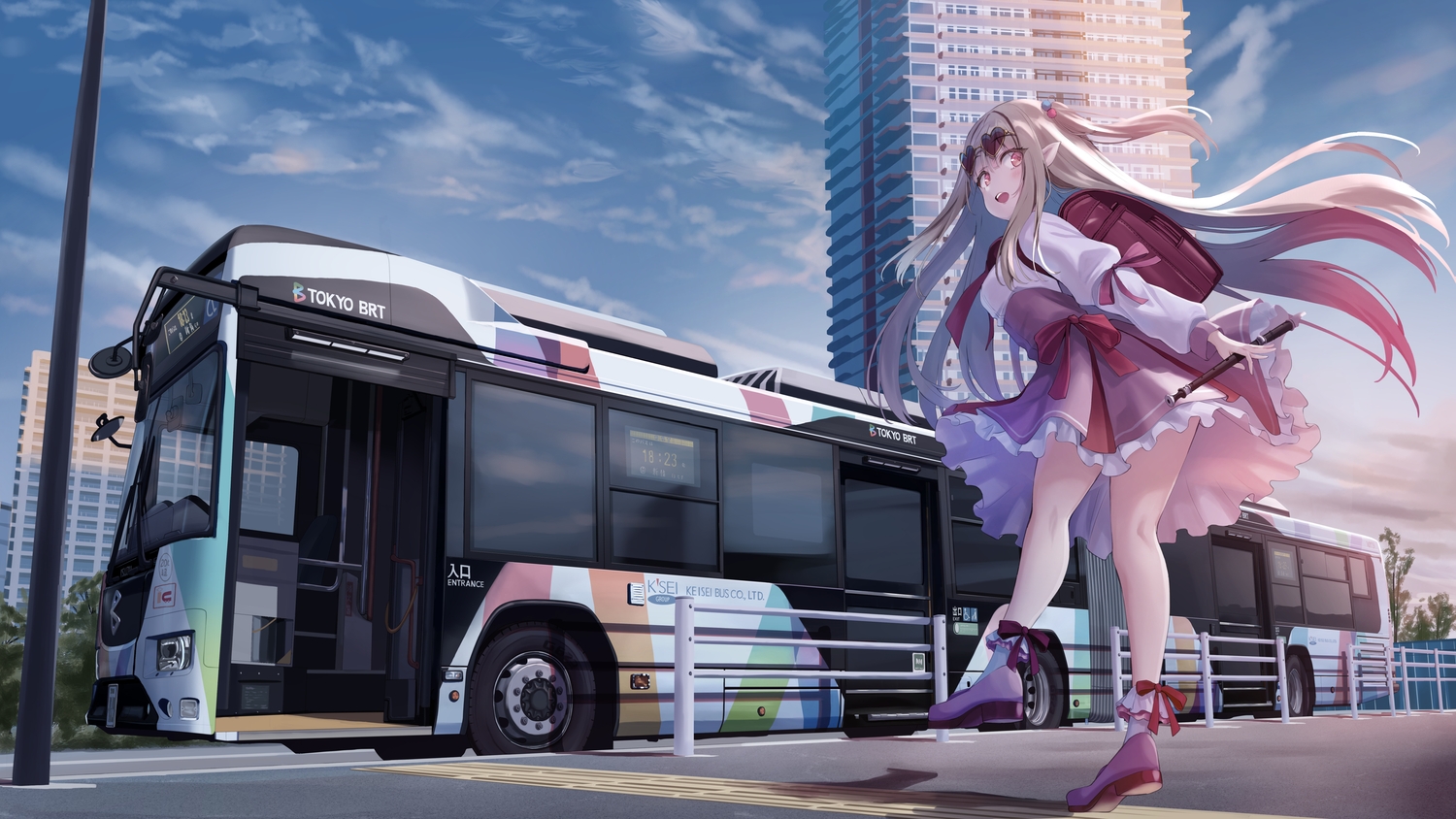 arcanakit_v, blonde_hair, bow, building, car, city, clouds, dress