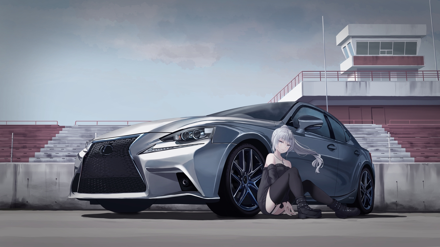 boots, car, clouds, dress, garter_belt, gray_eyes, gray_hair, long_hair