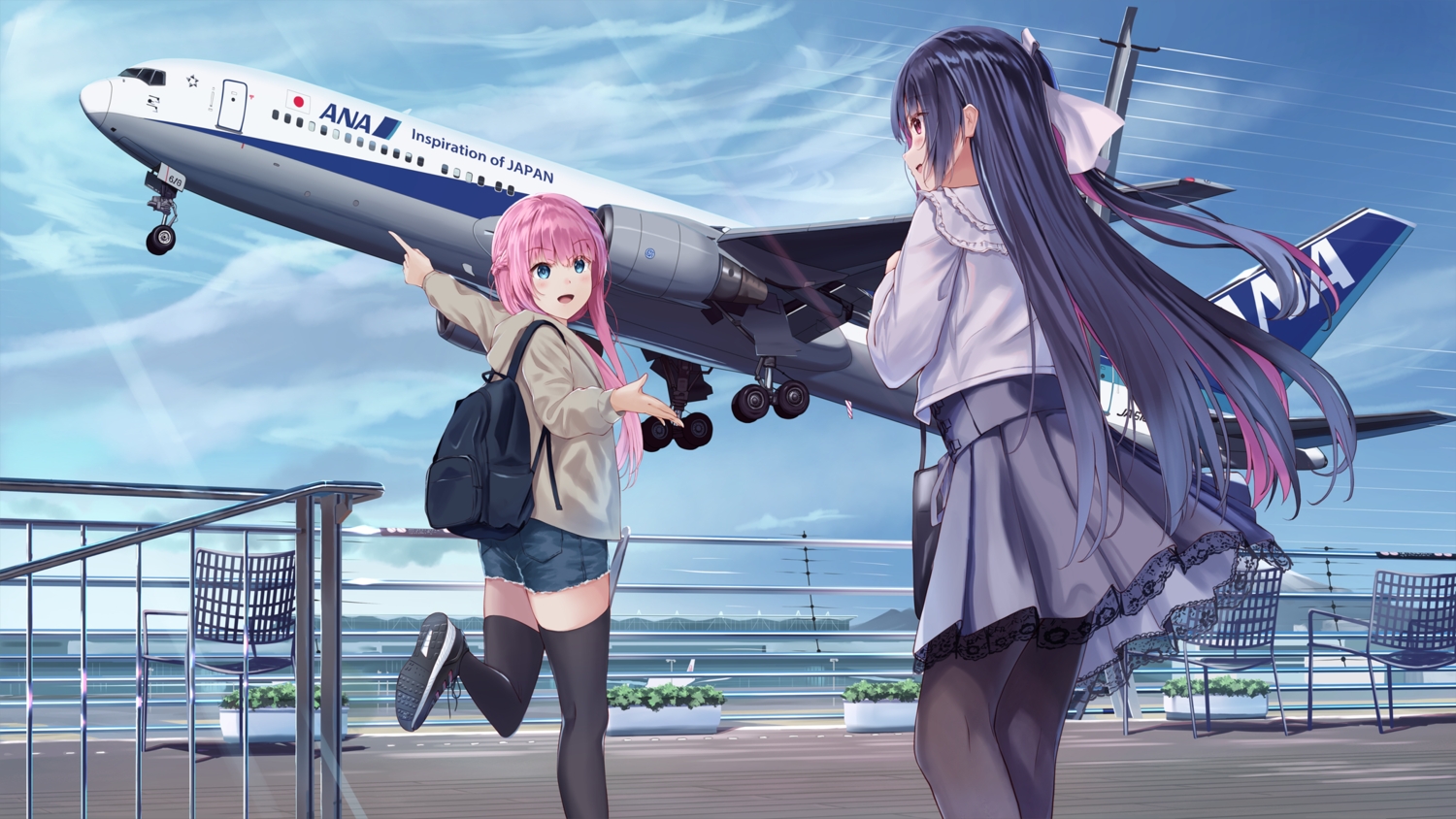 2girls, aircraft, aqua_eyes, black_hair, blush, braids, hood, long_hair