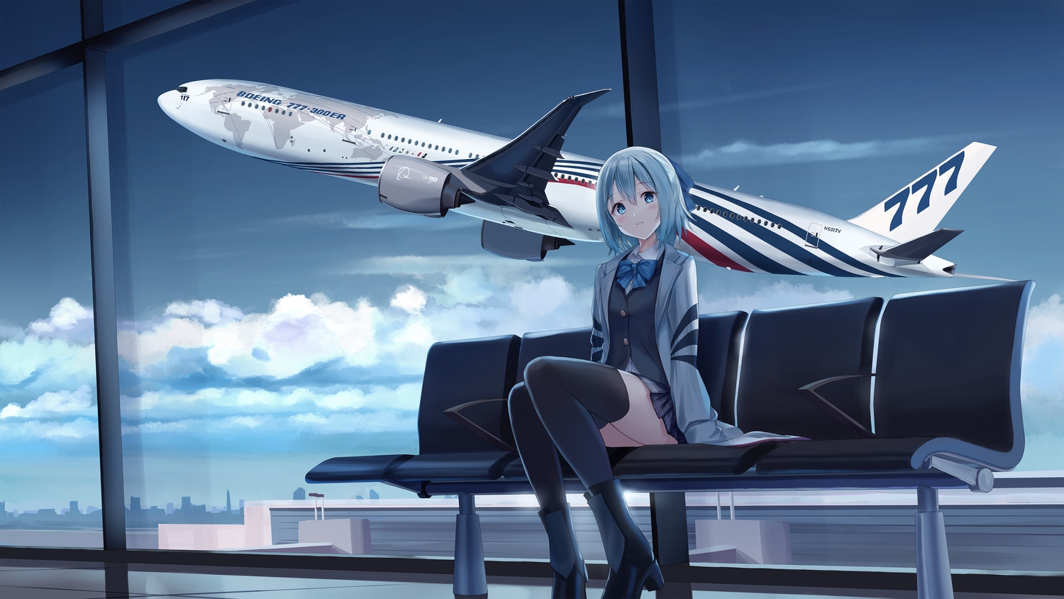 aircraft, aqua_eyes, blue_hair, blush, boots, bow, clouds, dark