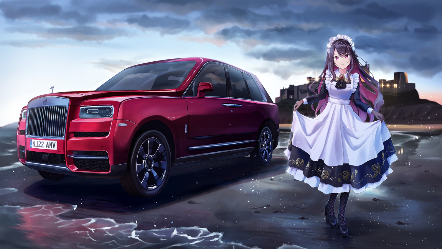 apron, beach, boots, building, car, clouds, dress, gloves, gundou_mirei, headdress, long_hair, maid, nijisanji, png_pant_(bus), purple_eyes, purple_hair, skirt_lift, sky, water