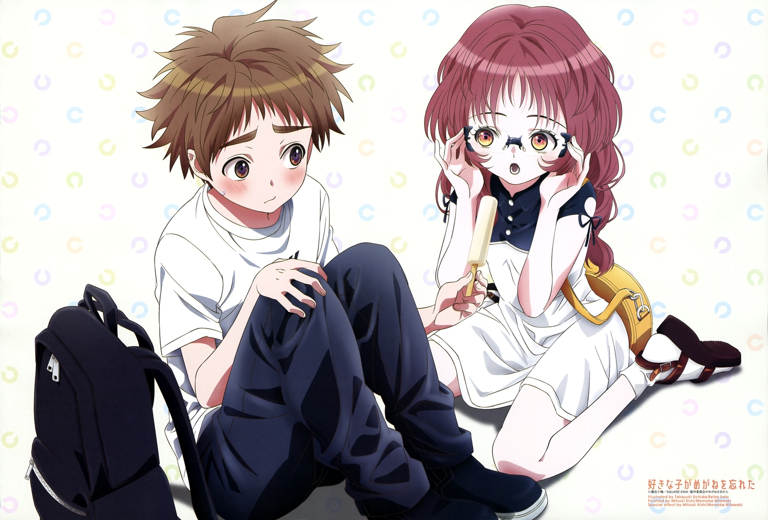 blush, brown_eyes, brown_hair, dress, food, glasses, ice_cream, jpeg_artifacts
