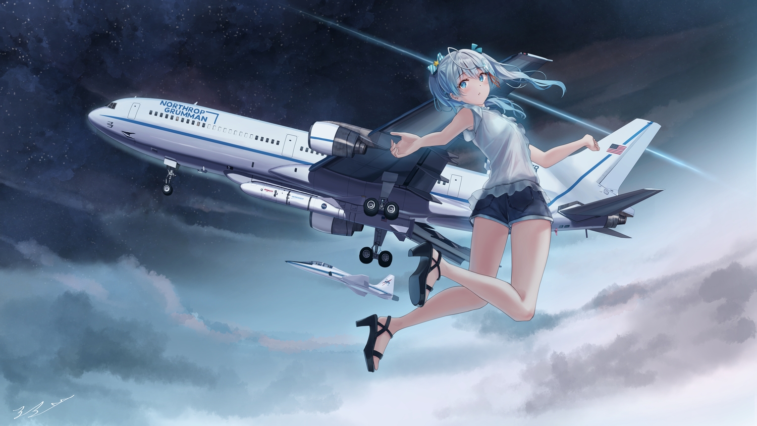 aircraft, aqua_eyes, blush, clouds, combat_vehicle, gray_hair, long_hair, png_pant_(bus)