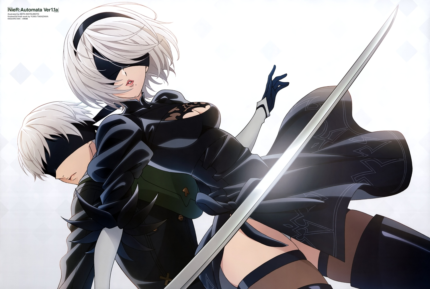 blindfold, breasts, cleavage, dress, gradient, gray_hair, jpeg_artifacts, katana