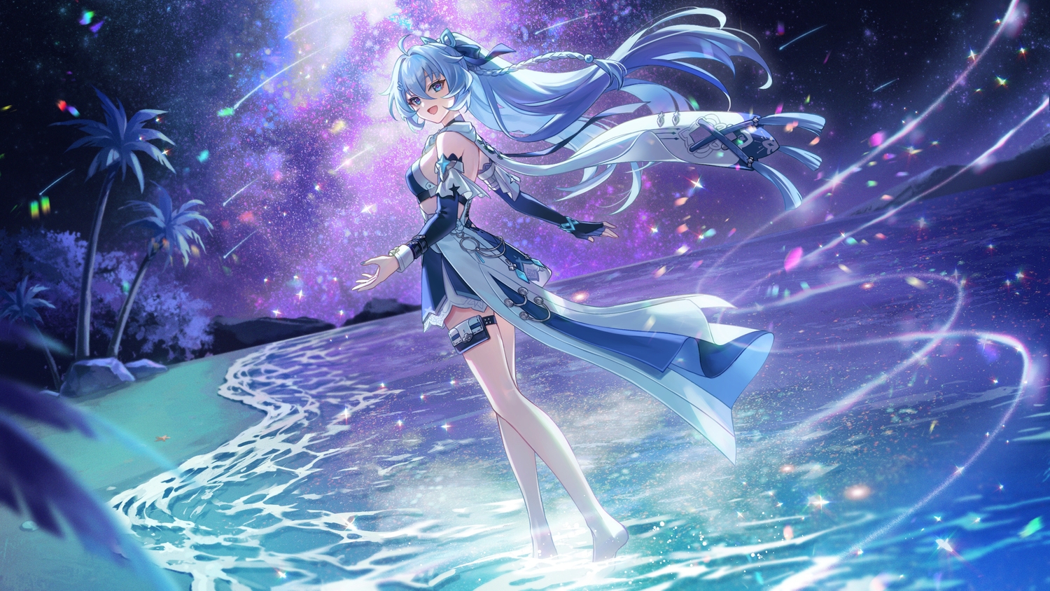 amaichi_esora, barefoot, beach, blue_eyes, blue_hair, bow, dress, elbow_gloves, garter, gloves, honkai_impact, honkai_(series), long_hair, night, ribbons, shigure_kira, sky, stars, tree, water