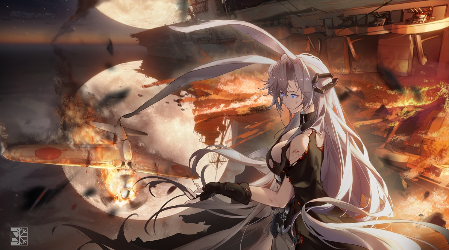 aircraft, animal_ears, anthropomorphism, azur_lane, blue_eyes, boat, breasts, bunny_ears