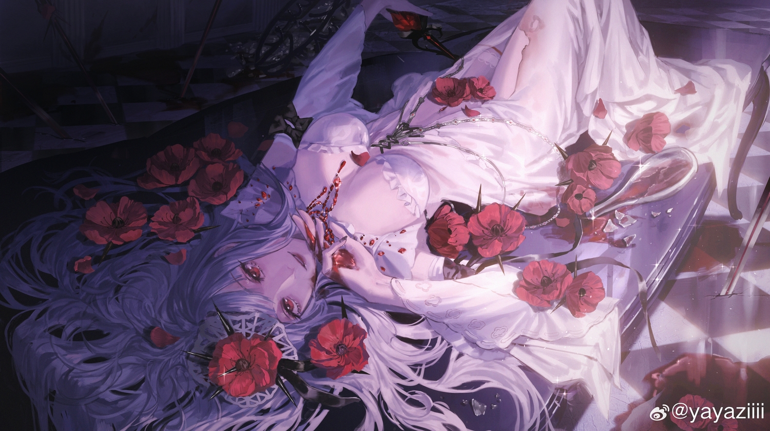 blood, bow, breasts, coquelic_(path_to_nowhere), dress, flowers, gray_hair, long_hair, path_to_nowhere, petals, red_eyes, torn_clothes, watermark, yayaziiii