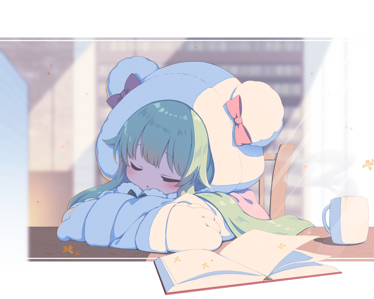 akiizumi_momiji, animal_ears, blue_archive, blush, book, drink, gloves, green_hair, hood, loli, long_hair, sasakura_momizi, sleeping