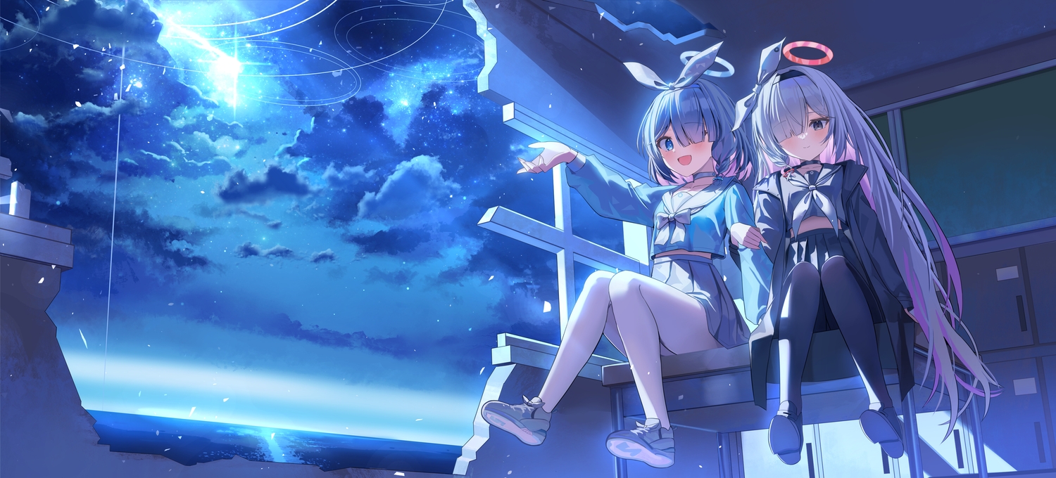 2girls, arona_(blue_archive), blue_archive, blue_eyes, blue_hair, blush, braids, choker, clouds, gray_eyes, gray_hair, halo, headband, iv_(iv70311741), loli, long_hair, night, pantyhose, plana_(blue_archive), ruins, school_uniform, short_hair, skirt, sky, stars, water