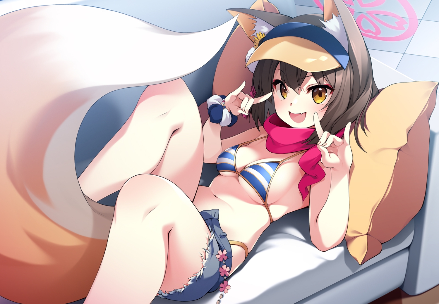 animal_ears, bikini, blue_archive, breasts, brown_hair, cleavage, couch, fang