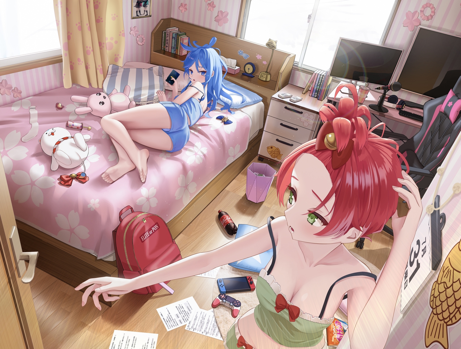 2girls, 3d, aliasing, asakura_(asa_t77), barefoot, bed, bell, blue_eyes, blue_hair, book, bow, breasts, bunny, cleavage, coca_cola, computer, drink, game_console, green_eyes, hololive, hoshimachi_suisei, long_hair, microphone, no_bra, paper, phone, ponytail, red_hair, sakura_miko, short_hair, shorts