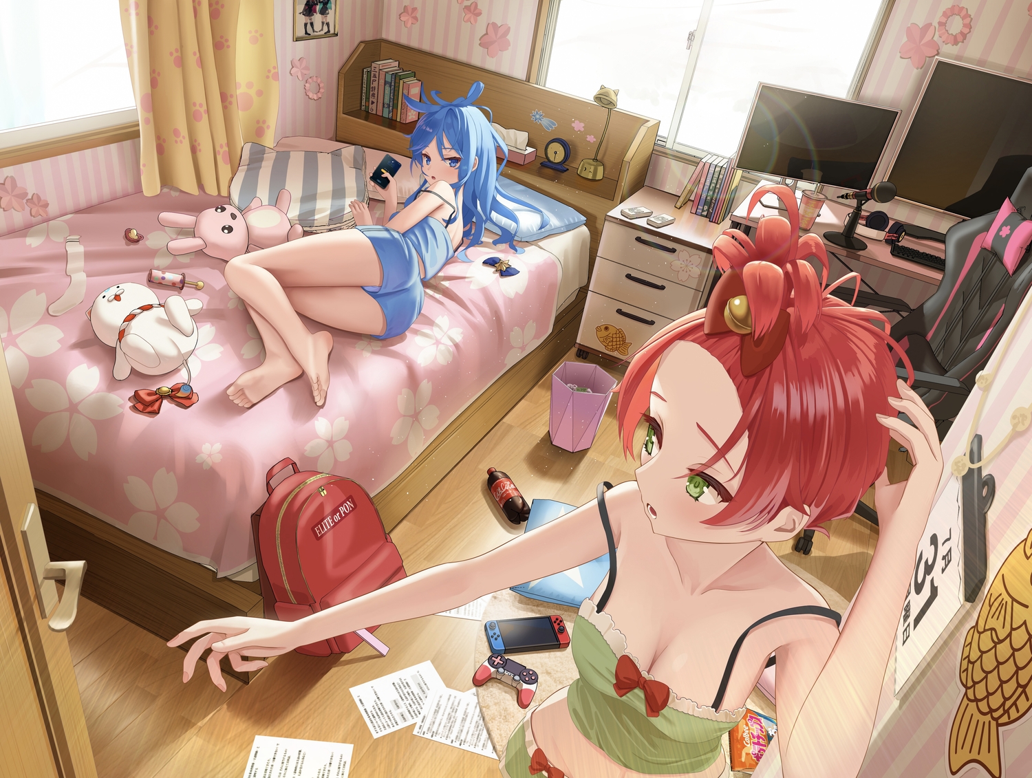 2girls, 3d, aliasing, asakura_(asa_t77), barefoot, bed, bell, blue_eyes