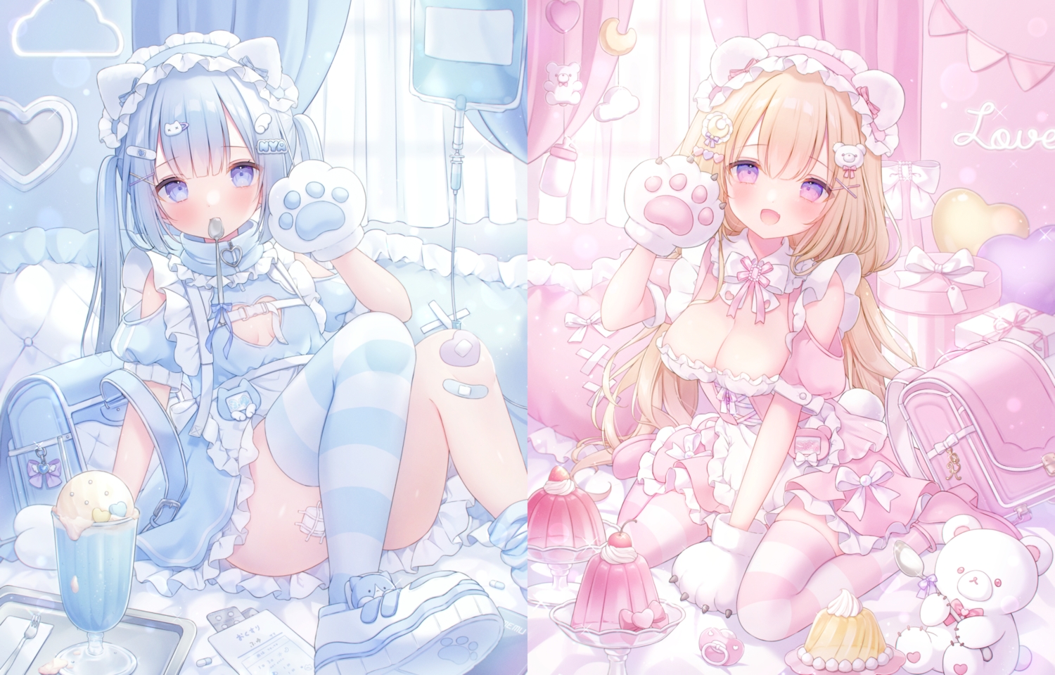 2girls, animal_ears, apron, bandage, bandaid, blonde_hair, blue_eyes, blue_hair