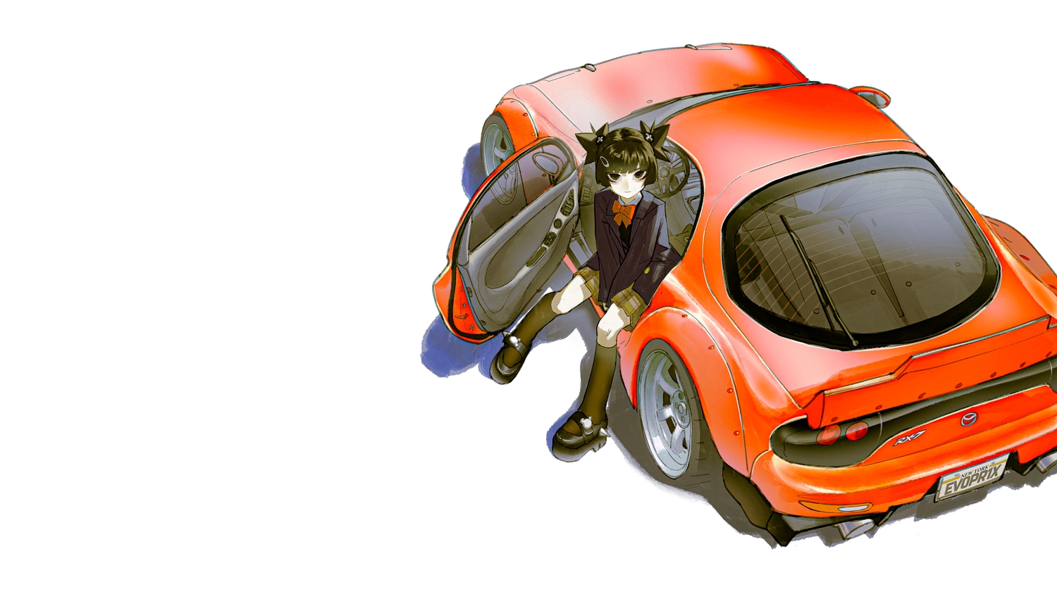 bow, brown_eyes, brown_hair, car, kneehighs, original, school_uniform, short_hair