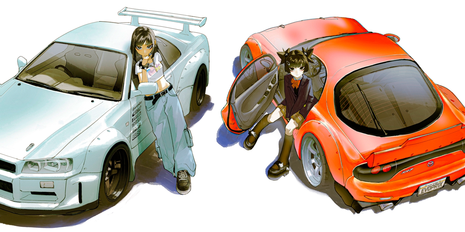 black_eyes, black_hair, bow, brown_eyes, brown_hair, car, chain, kneehighs, navel, original, school_uniform, short_hair, skirt, third-party_edit, twintails, vinne, white, wristwear