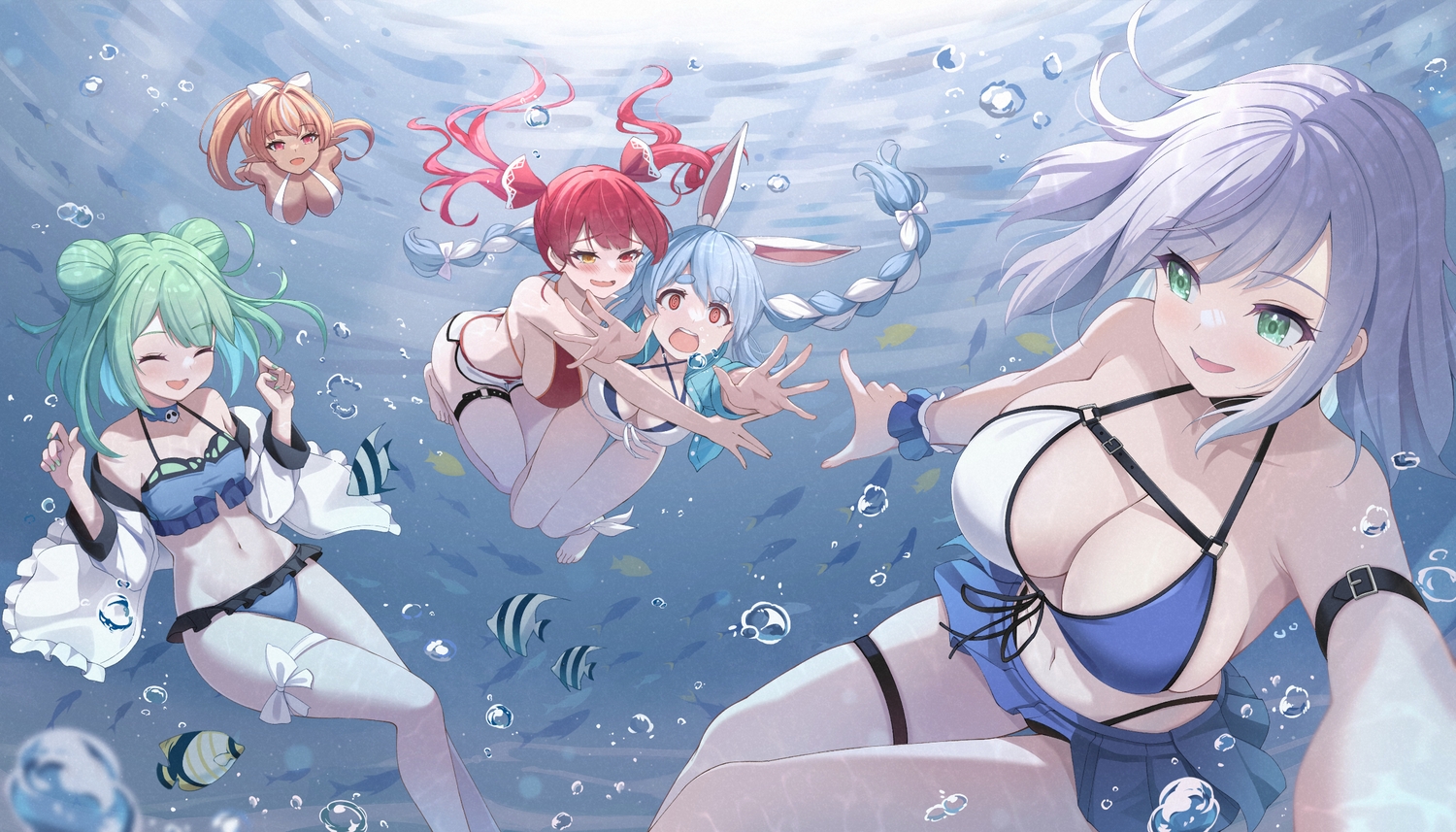 animal, animal_ears, barefoot, bicolored_eyes, bikini, blonde_hair, blue_hair, blush