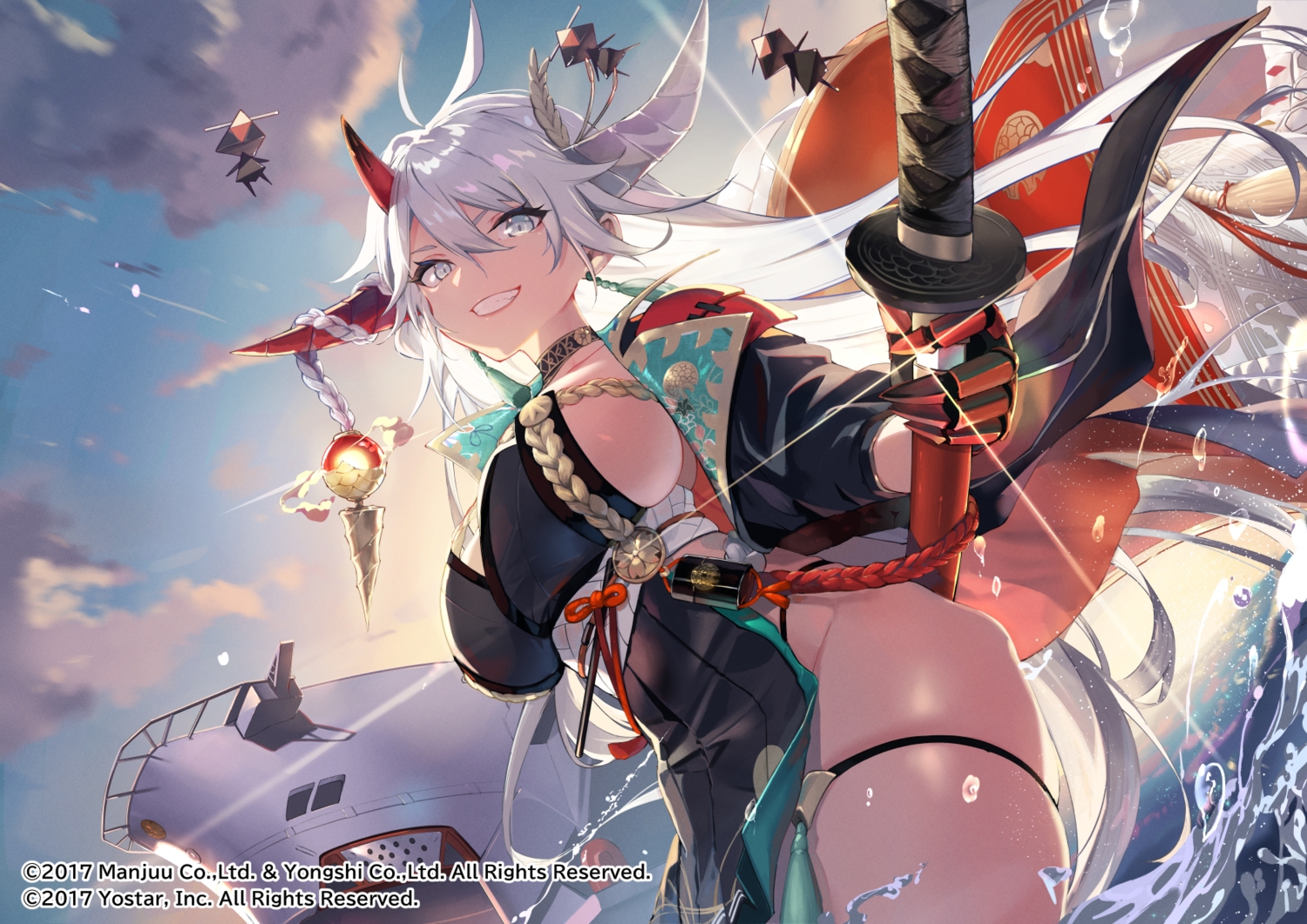 anthropomorphism, azur_lane, boat, braids, breasts, choker, clouds, doll, dress, garter, gloves, gray_eyes, gray_hair, hakuryuu_(azur_lane), horns, japanese_clothes, katana, long_hair, paper, shimotsuki_shio, sideboob, sky, sword, water, weapon