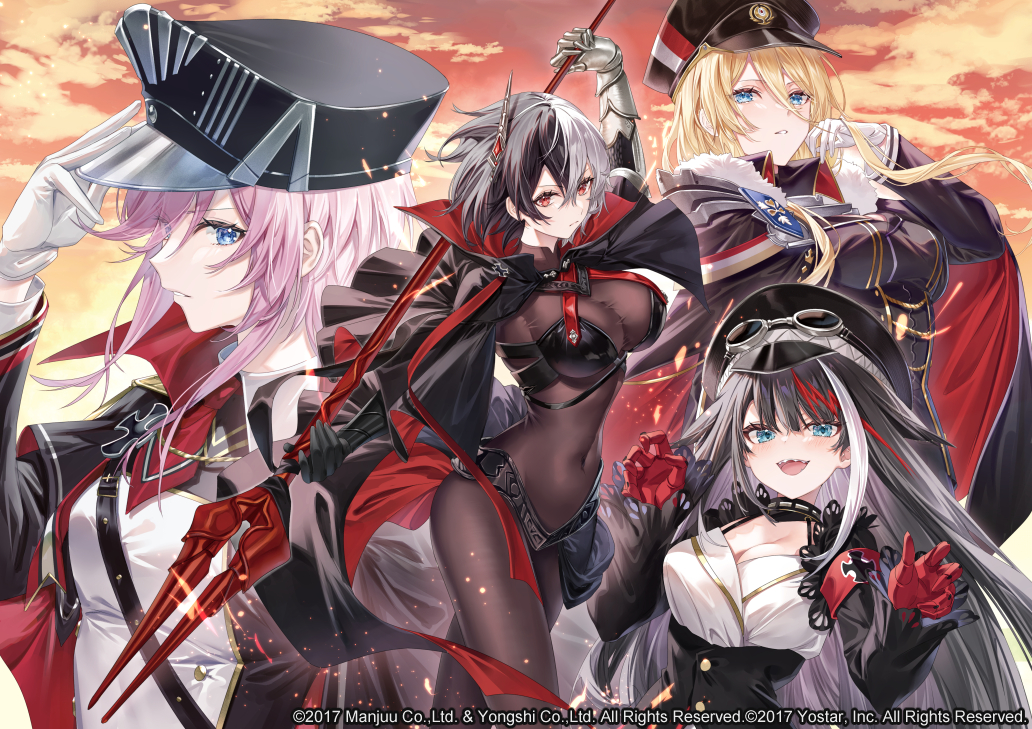 anthropomorphism, aqua_eyes, azur_lane, bismarck_(azur_lane), black_hair, blonde_hair, blue_eyes, blush, bodysuit, breasts, bruenhilde_(azur_lane), cape, cleavage, clouds, deutschland_(azur_lane), gloves, goggles, hat, long_hair, military, pink_hair, red_eyes, seydlitz_(azur_lane), short_hair, skintight, sky, spear, sunset, uniform, weapon, yuya_(night_lily)